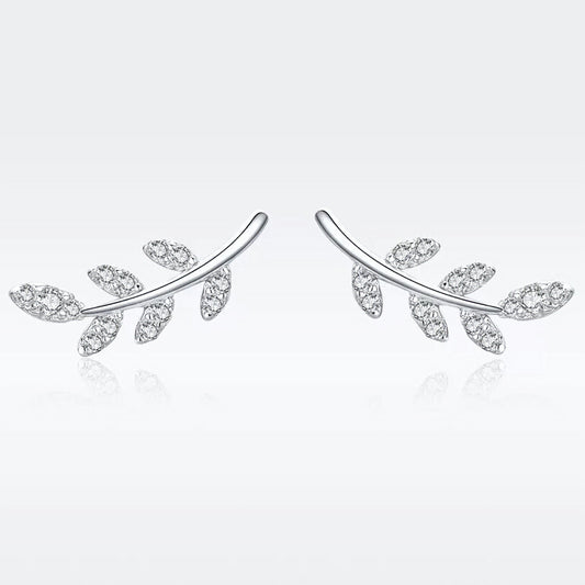 Silver Leaves Earrings with Sparkly CZ Crystals