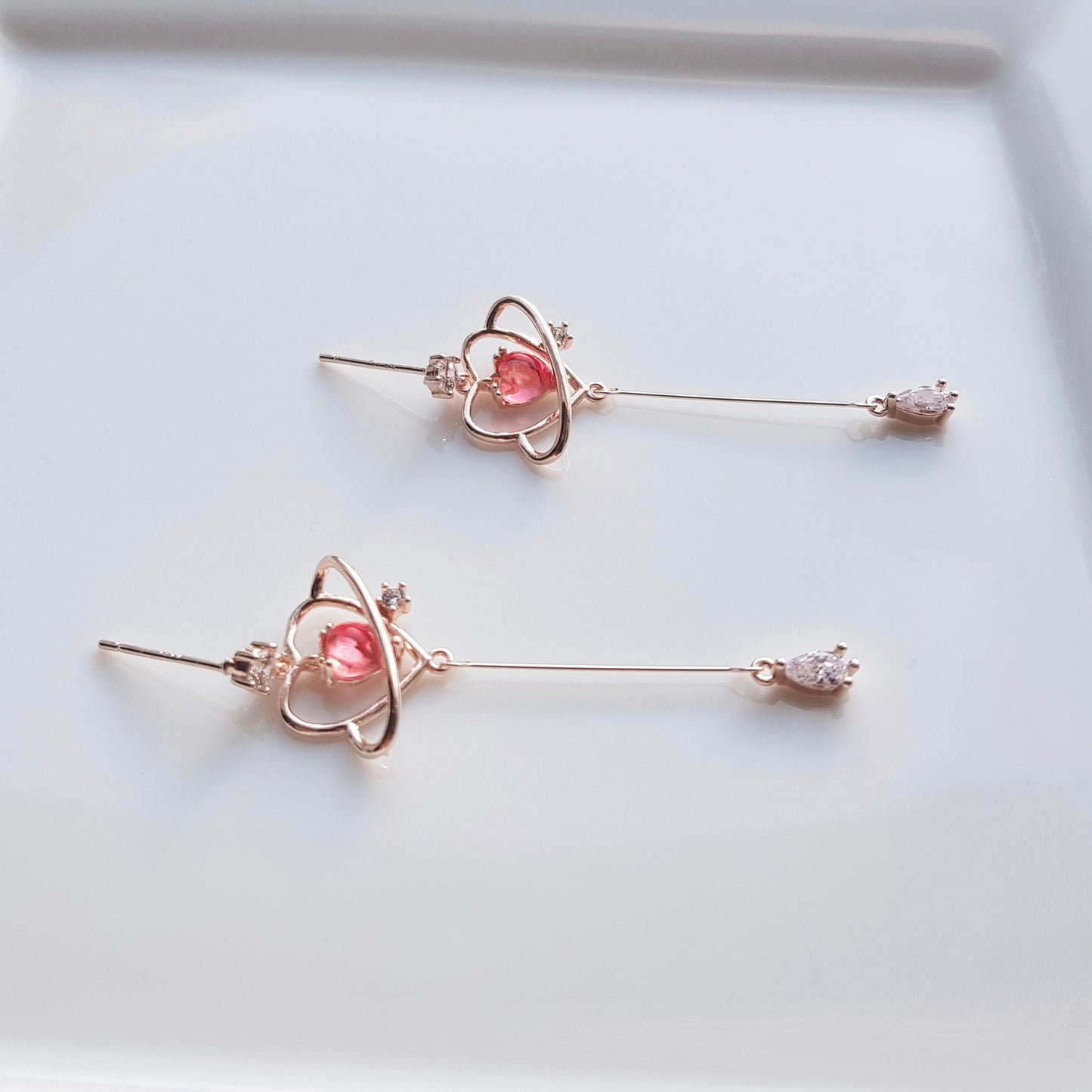 Pink heart threader earrings