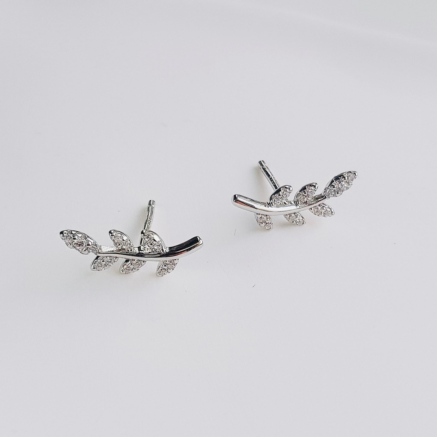 Silver Leaves Earrings with Sparkly CZ Crystals